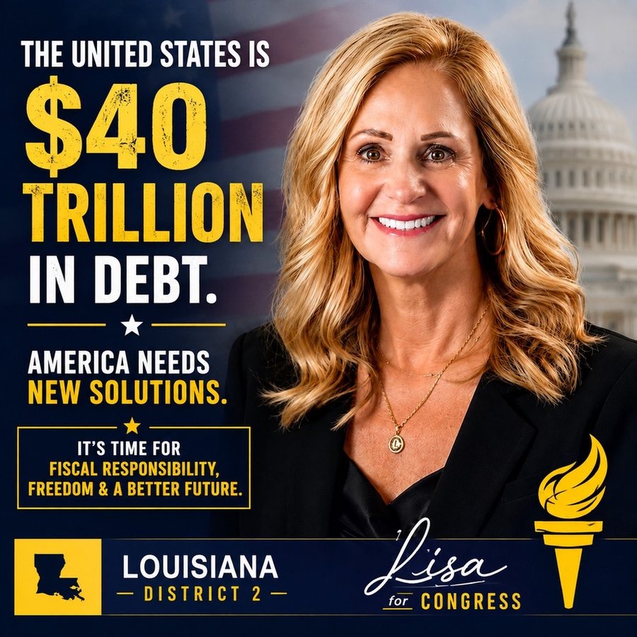 The United States is $40 trillion in debt. America needs new solutions. It's time for fiscal responsibility, freedom and a better future. Lisa for Congress, Louisiana District 2.
